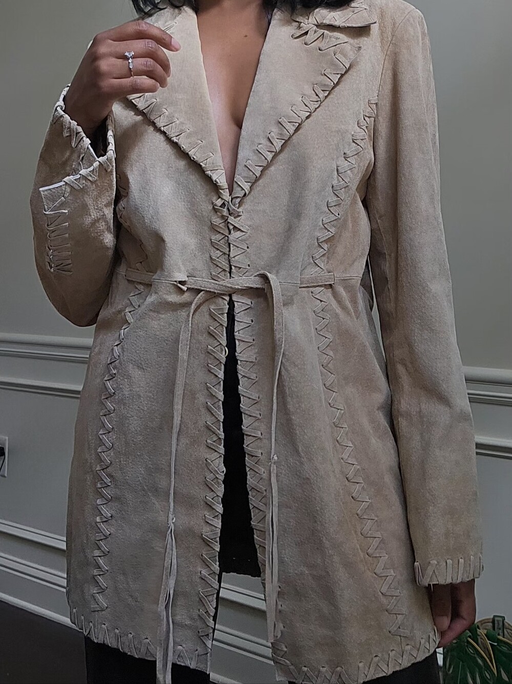 Brandon Thomas Taupe Suede Fringe Waist-Tie Jacket